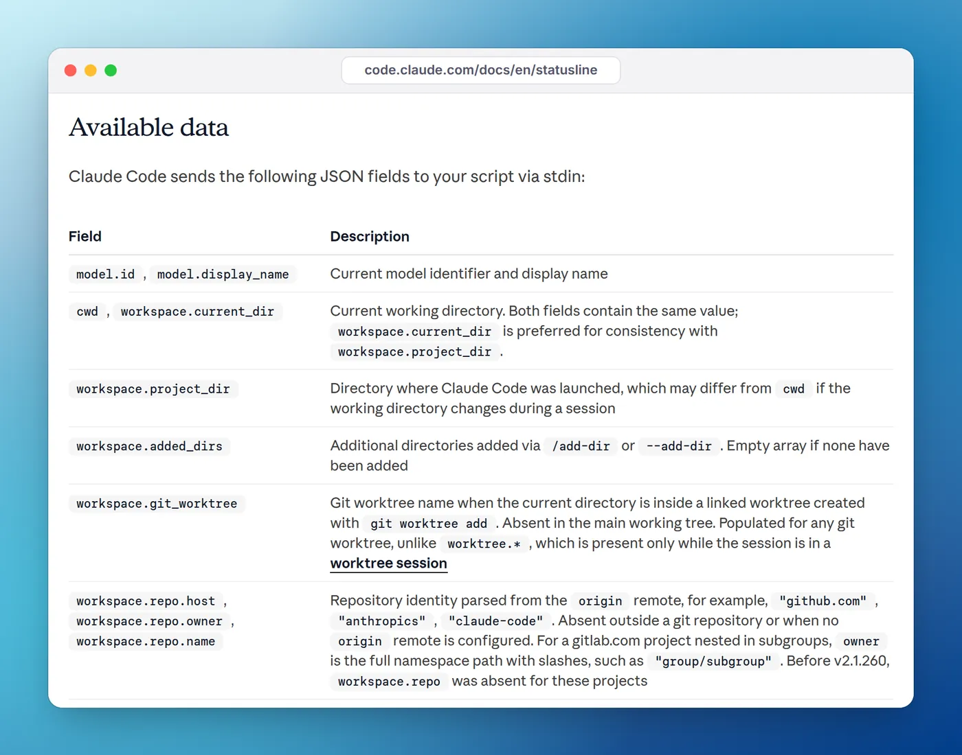 The Claude Code status line docs table of available data fields such as model.display_name, workspace.current_dir and cost.total_cost_usd