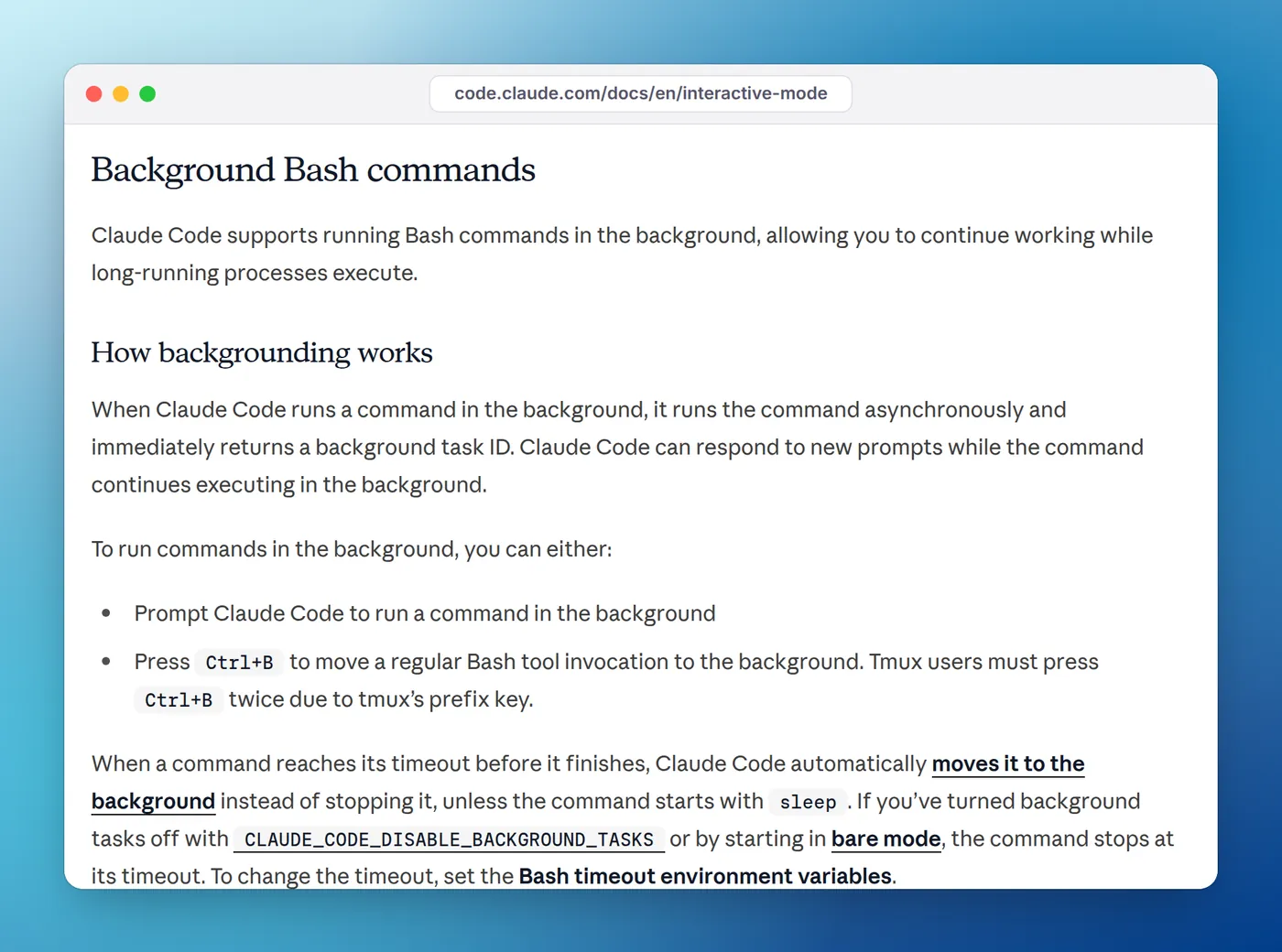 The Claude Code interactive mode docs section Background Bash commands, explaining Ctrl+B and automatic backgrounding at the timeout
