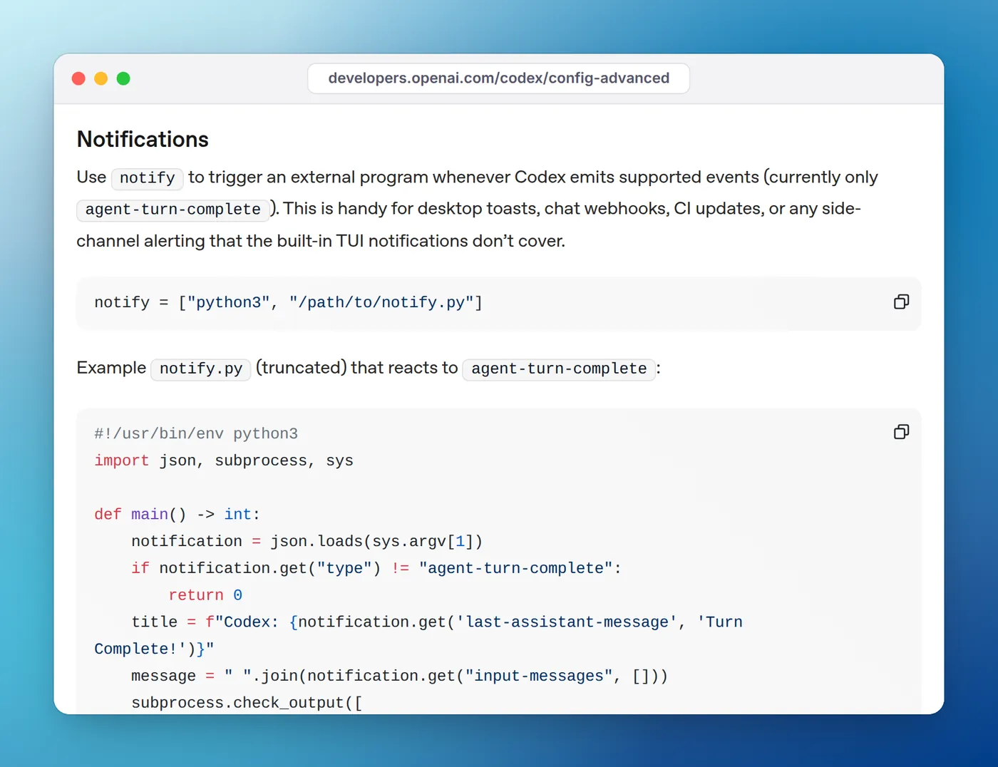 The Codex advanced configuration docs section Notifications, showing notify set to a Python script and the start of an example notify.py