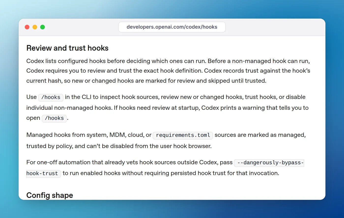 The Codex hooks docs section Review and trust hooks, explaining that non-managed hooks must be reviewed and trusted with /hooks before they run