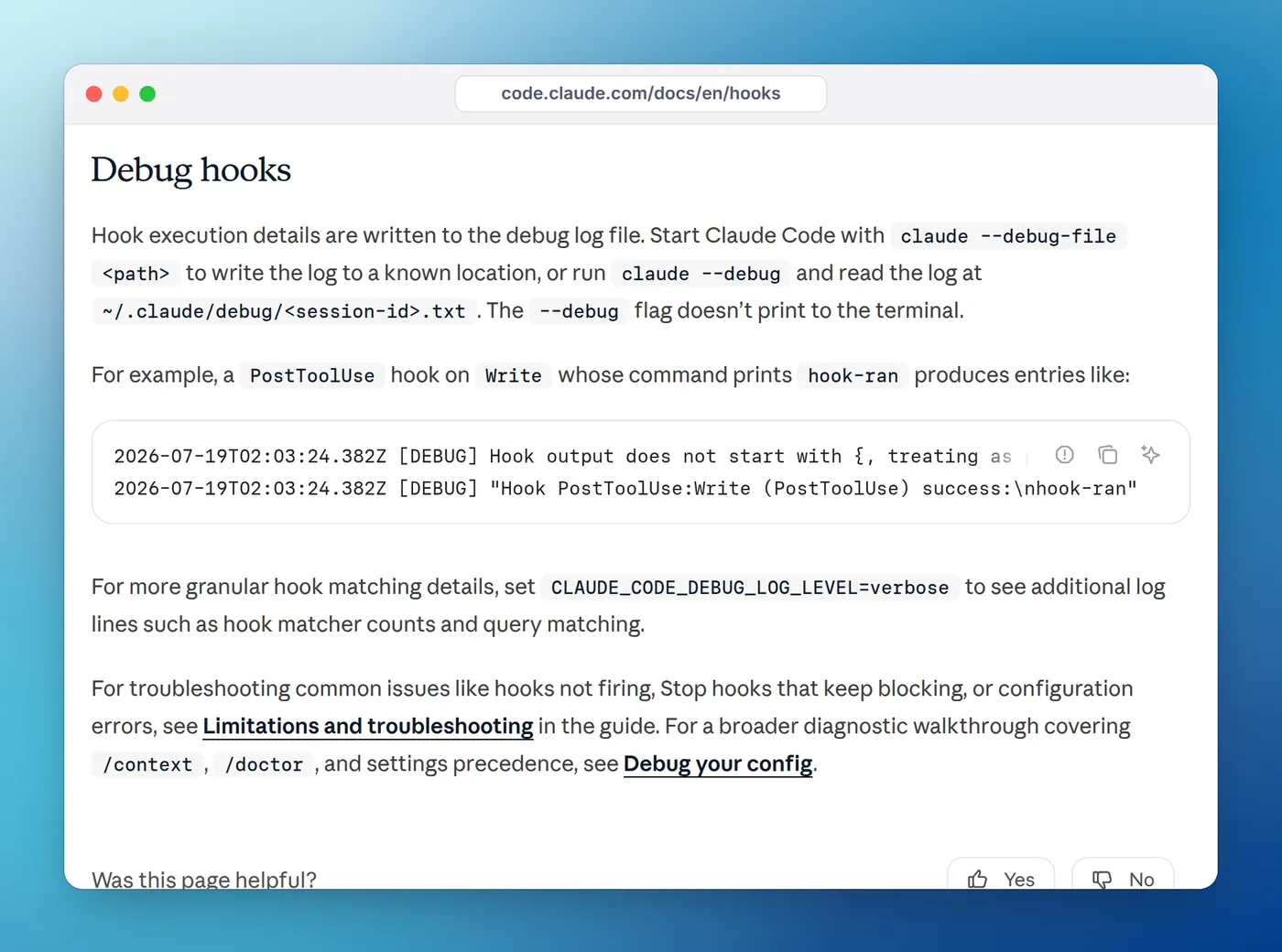 The Claude Code hooks reference section Debug hooks, with claude --debug-file and sample debug log lines