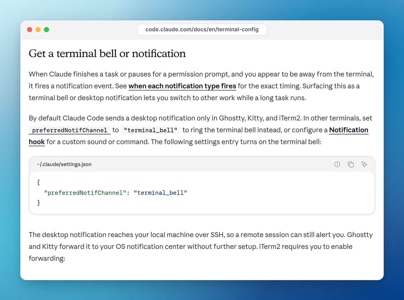 The Claude Code terminal configuration docs section Get a terminal bell or notification, showing preferredNotifChannel set to terminal_bell