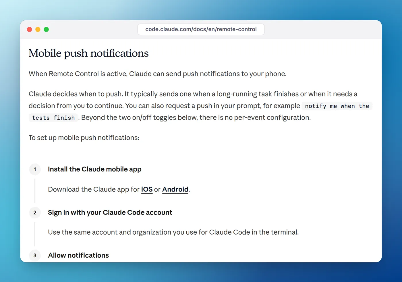 The Claude Code Remote Control docs section Mobile push notifications, with setup steps starting with installing the Claude mobile app