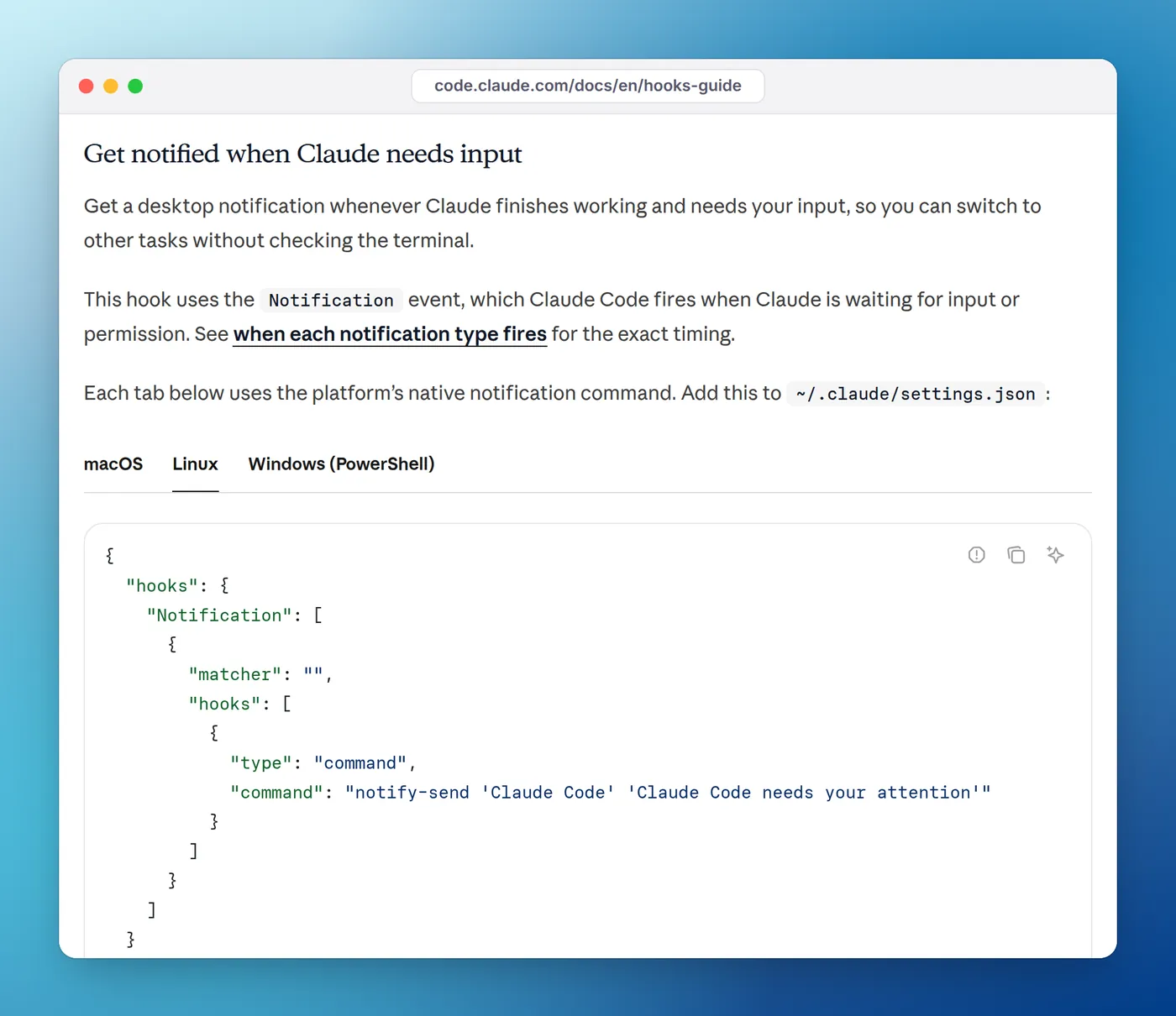 The Claude Code hooks guide with the Linux tab selected, showing a Notification hook that runs notify-send
