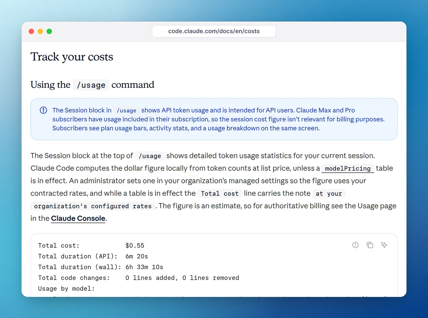 The Claude Code costs docs section Track your costs, explaining the Session block of /usage and showing sample totals