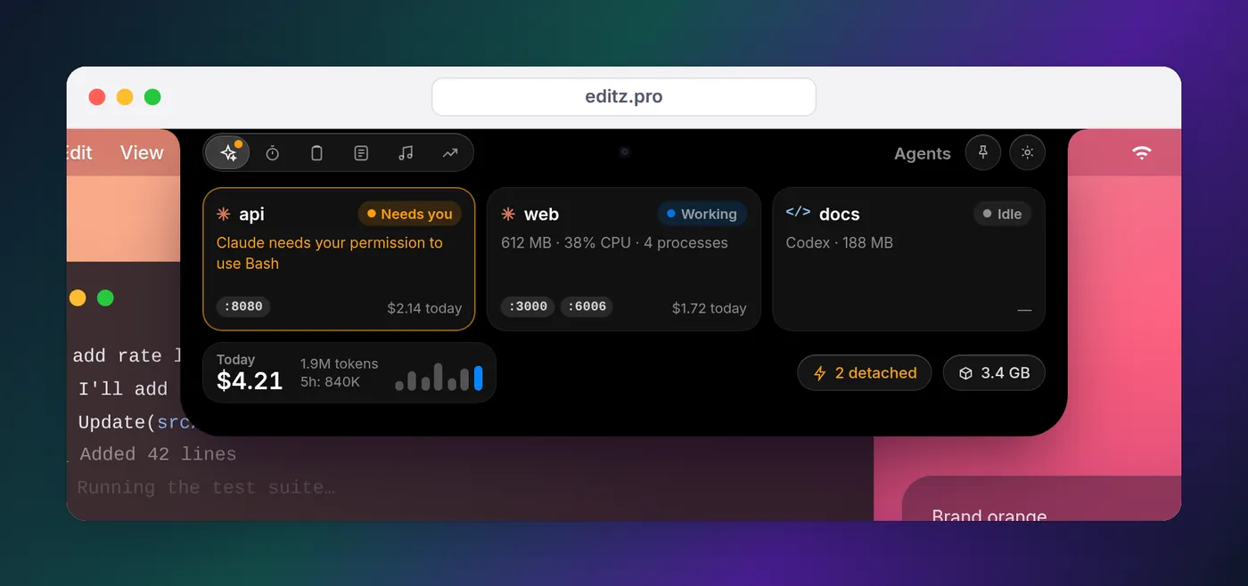 Eddie's open notch with three sessions and a Today panel showing 4.21 dollars and 1.9M tokens