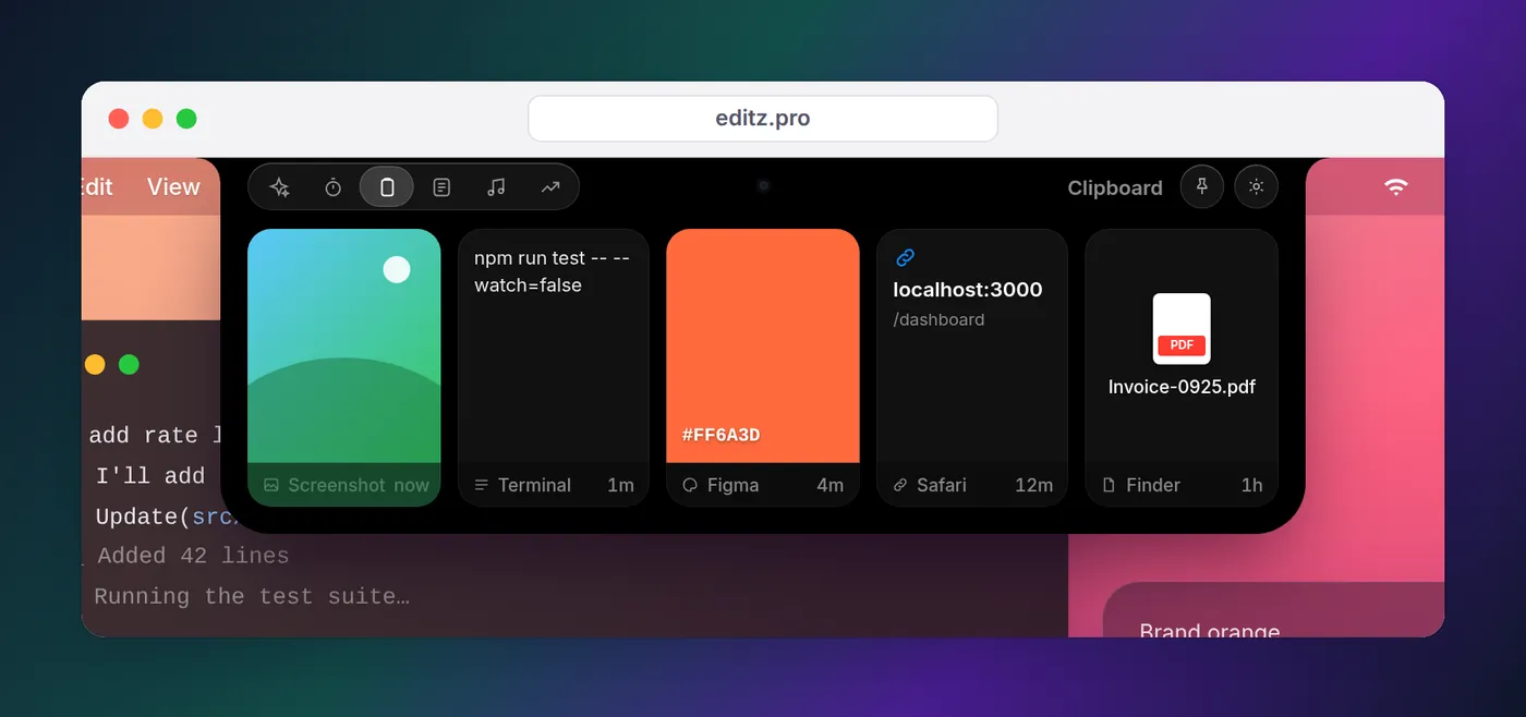 Eddie's clipboard tab showing five recent copies: a screenshot, a terminal command, an orange color swatch, a localhost link and a PDF