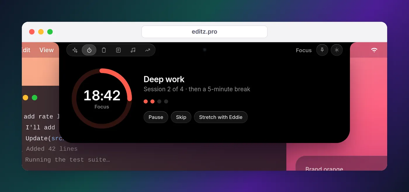 Eddie's focus tab with an 18:42 countdown, Deep work, session 2 of 4, and Pause, Skip and Stretch with Eddie buttons