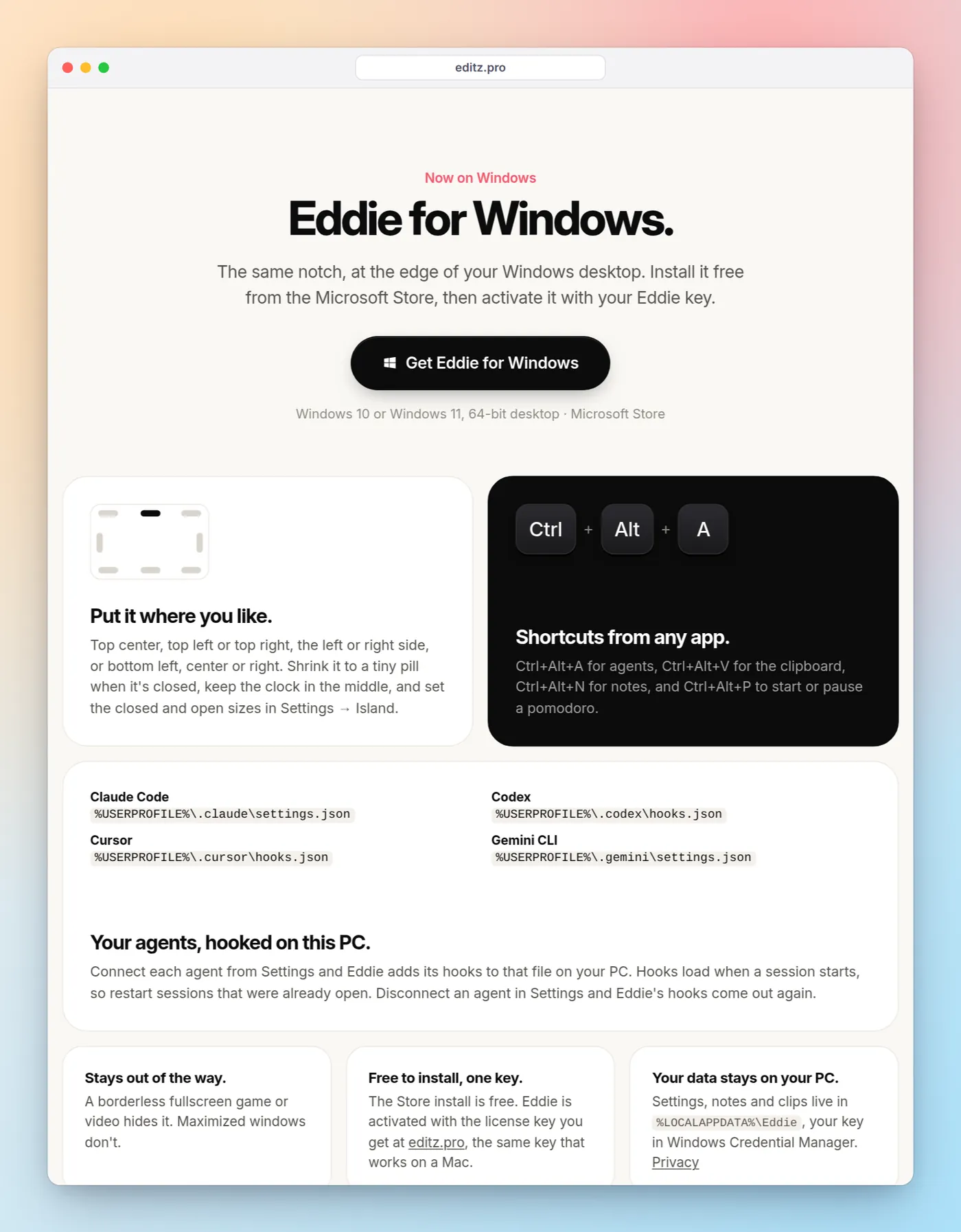 The Eddie for Windows section of editz.pro: placement options, Ctrl+Alt+A, the four agents' hook files under USERPROFILE, and notes on fullscreen apps, the license key and local data
