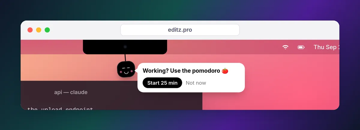 Eddie's mascot hanging from the notch with a bubble that says Working? Use the pomodoro, with Start 25 min and Not now
