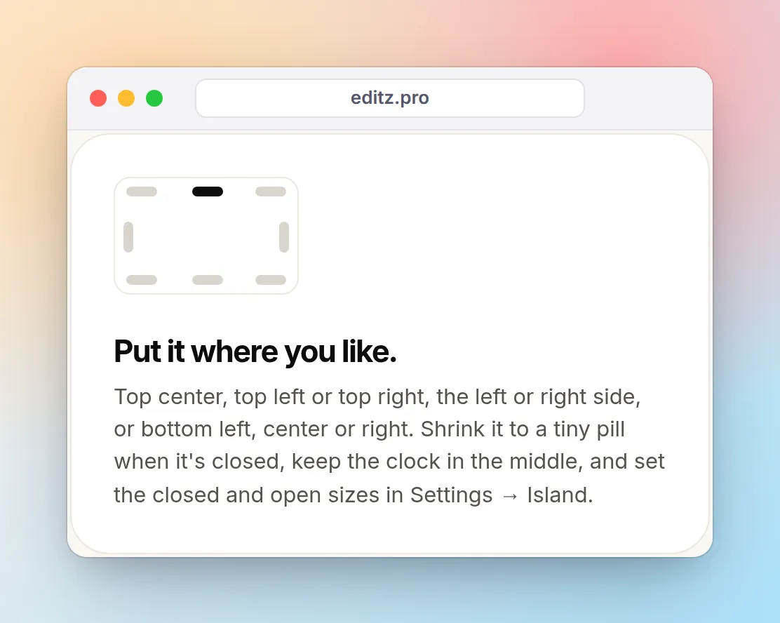 The editz.pro tile Put it where you like, with a diagram of eight positions around the screen edge and the Settings → Island options