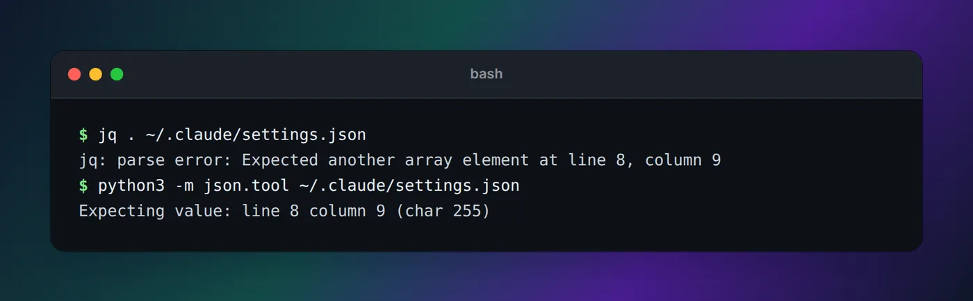 Terminal output: jq reports a parse error at line 8, column 9 and python3 -m json.tool reports Expecting value at line 8 column 9