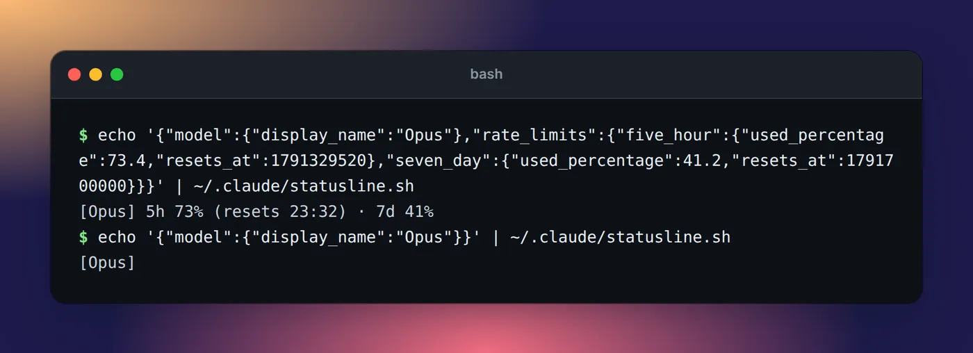 Terminal output: the status line script prints [Opus 5h 73% (resets 23:32) · 7d 41% for sample input with rate limits, and just [Opus without them