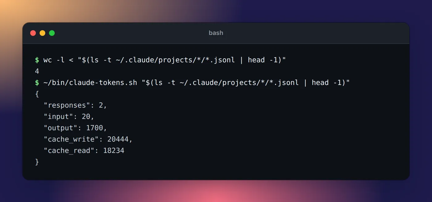 Terminal output: a four-line sample transcript, and claude-tokens.sh reporting 2 responses with input, output, cache write and cache read totals